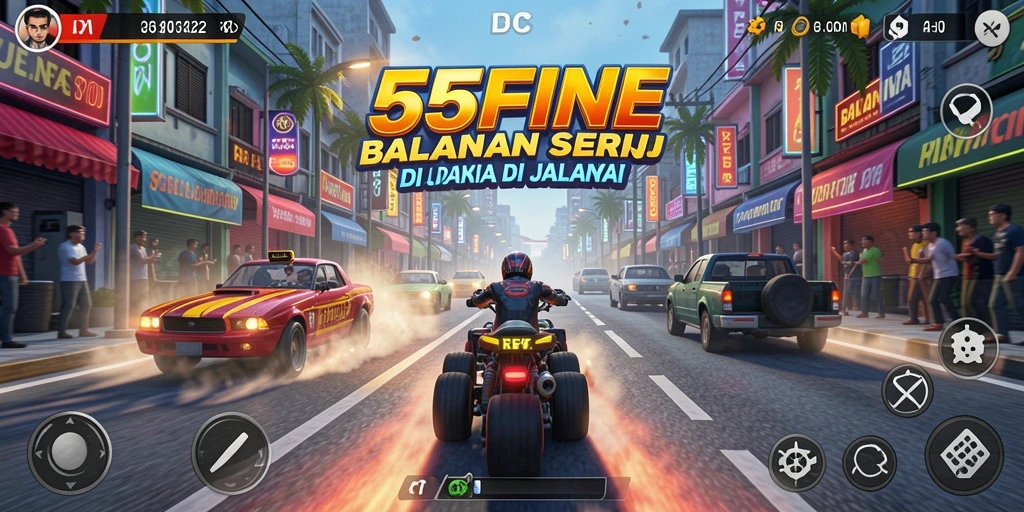 Tampilan action balapan mendebarkan dalam 55FIVE dengan kendaraan cepat.