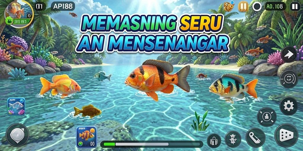 Tampilan utama gameplay API88 yang penuh aksi memancing di lautan.