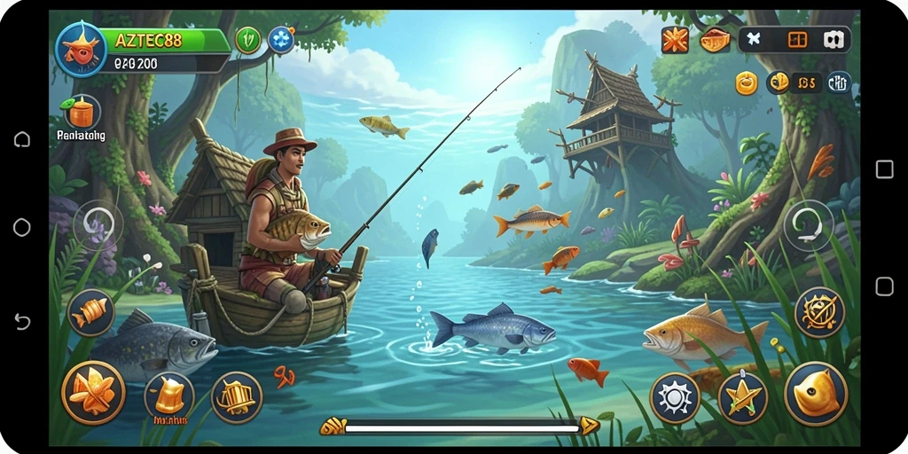 Tampilan visual gameplay AZTEC88 yang menakjubkan saat memancing.