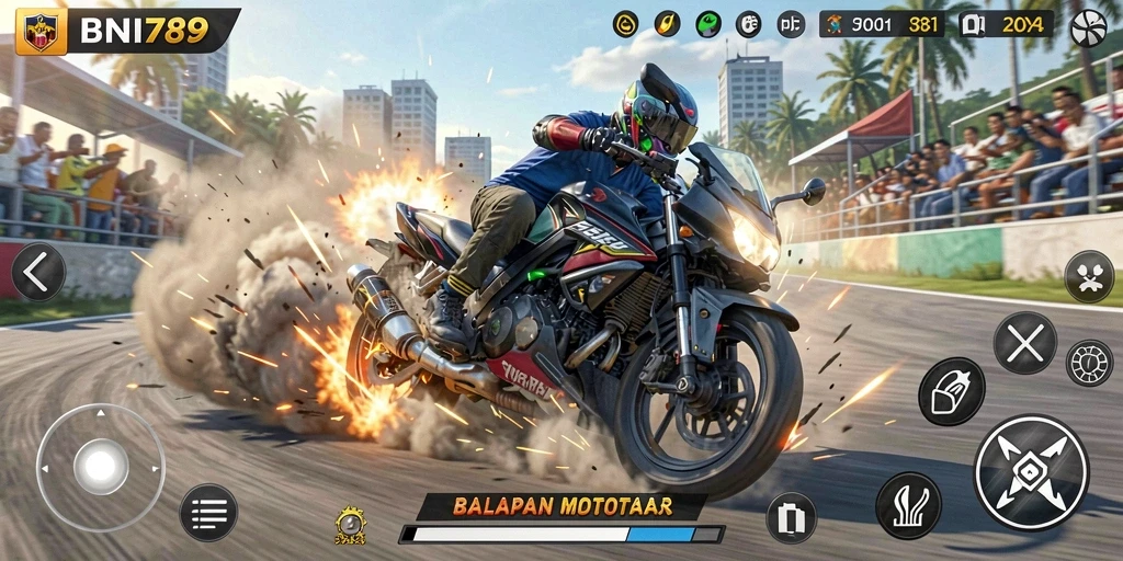 Tangkapan layar menampilkan aksi balapan motor yang menegangkan.