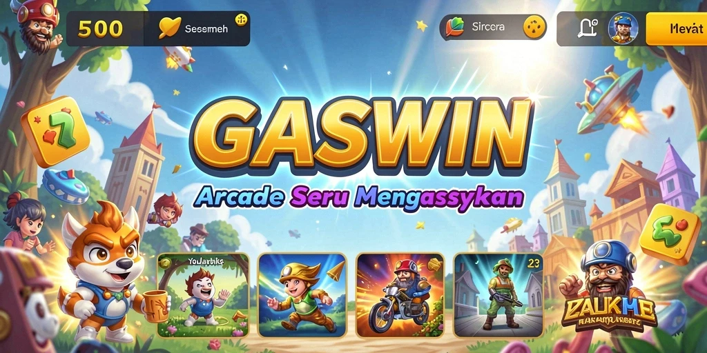 Screenshot utama GASWIN menampilkan gameplay arcade yang menarik dan penuh warna.