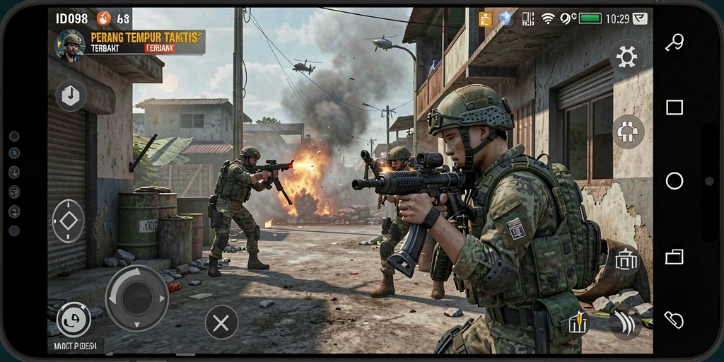 Tampilan gameplay mendebarkan di ID098, menampilkan aksi tempur taktis.