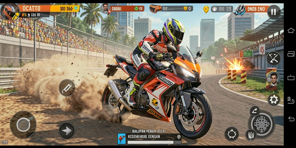 Screenshot utama OCATOTO menampilkan aksi balapan motor yang mendebarkan dan grafis yang memukau.