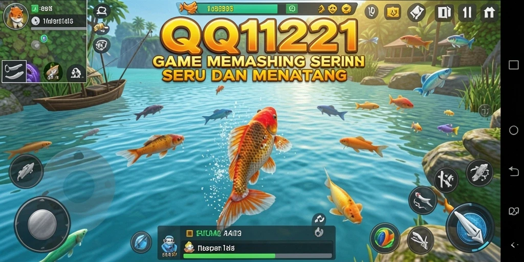 Screenshot utama QQ1221 menampilkan pemain yang sedang memancing di danau yang indah.