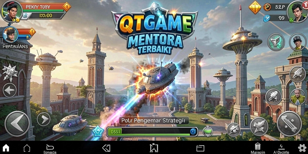 Tampilan gameplay menegangkan di QTGAME dengan menara dan musuh yang berwarna-warni.