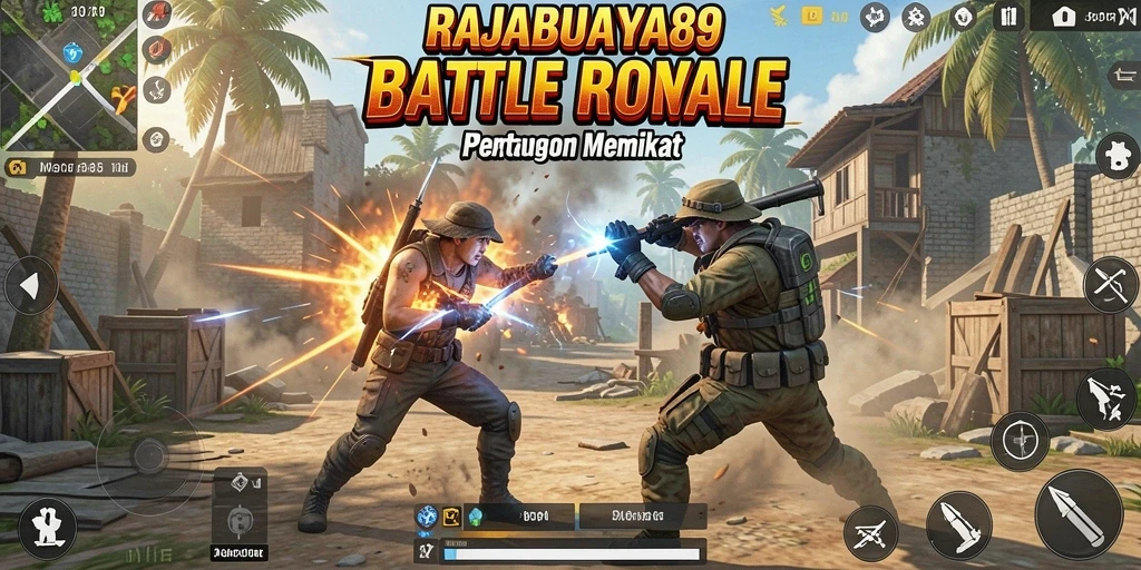 Screenshot utama RAJABUAYA89 menampilkan pertempuran mendebarkan di arena Battle Royale.