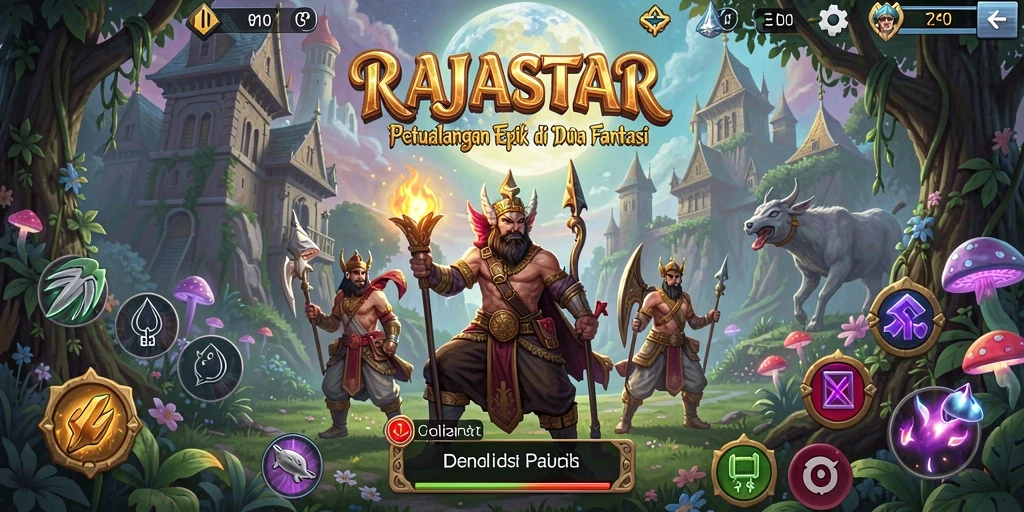 Tangkapan layar utama RAJASTAR menampilkan pertempuran epik dalam dunia fantasi.