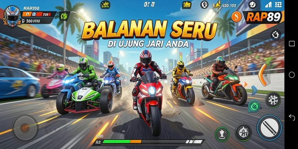 Screenshot gameplay RAP89 menampilkan aksi balapan yang mendebarkan.