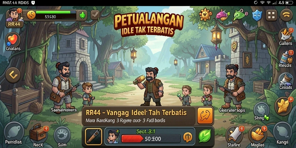 Tampilan gameplay RR44 yang menampilkan petualangan karakter secara otomatis.