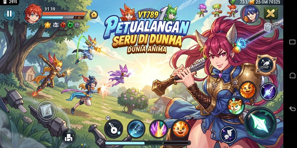 Screenshot gameplay VT789 menampilkan pertarungan karakter-karakter anime.