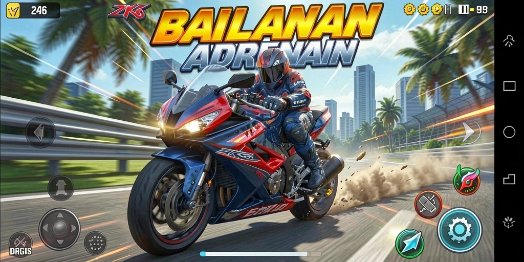 Tampilan gameplay ZK6 yang menegangkan saat balapan motor.